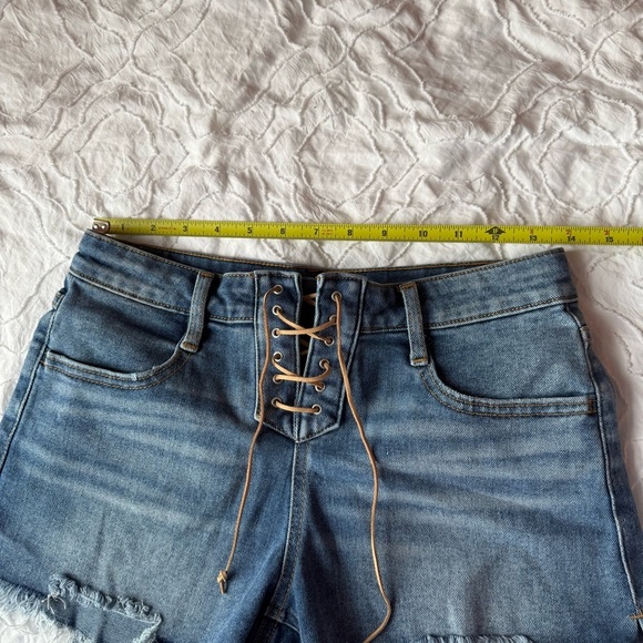 No Boundaries Blue Jean Shorts Cut-Off Style Lace up Bow - Picture 2 of 7